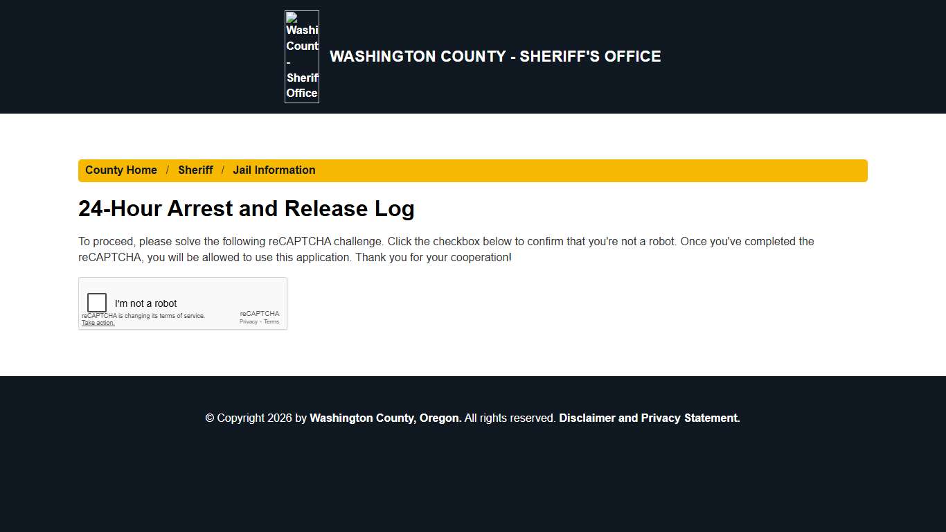 Washington County - 24-Hour Arrest and Release Log